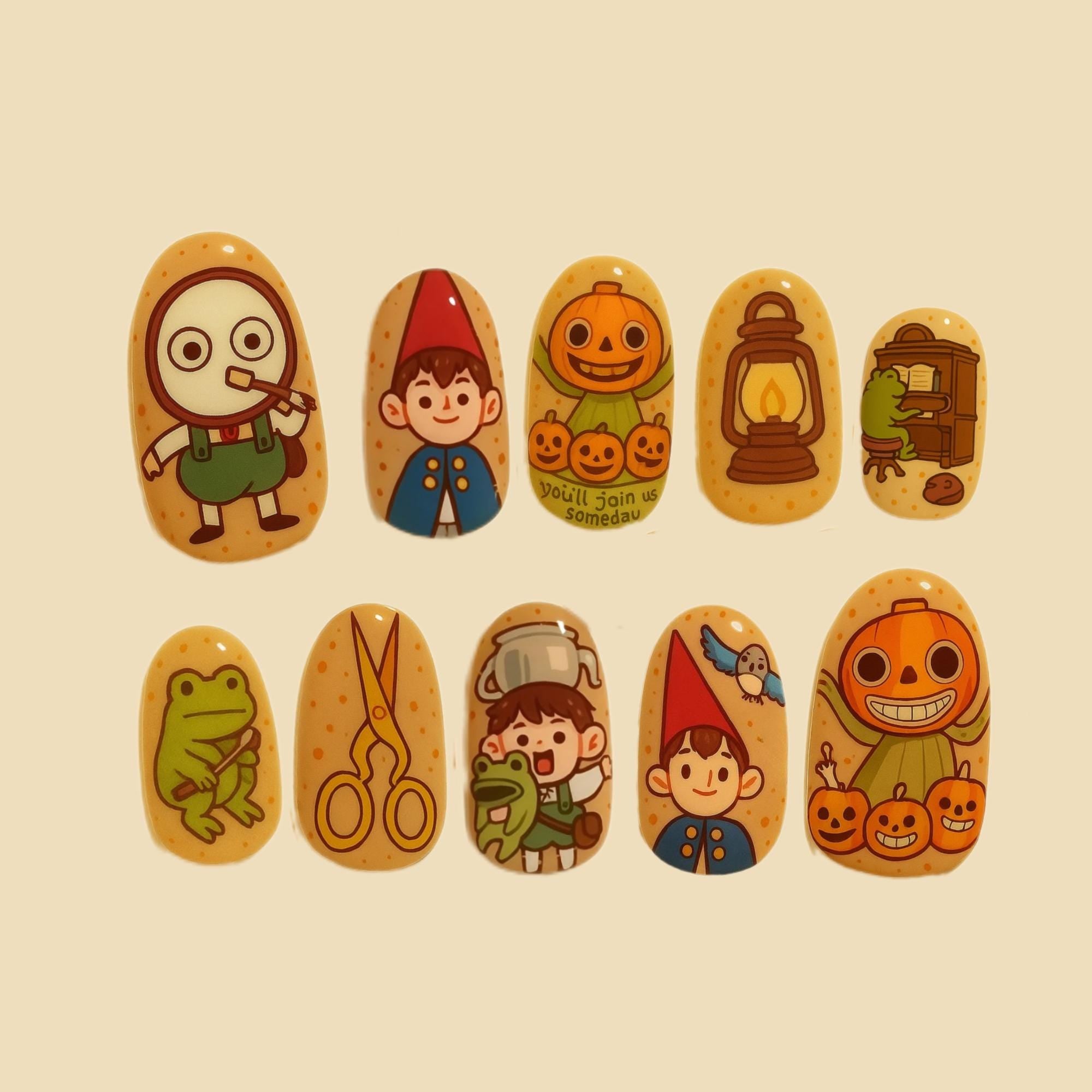 Vintage Halloween Press On Nails Pumpkin Lantern Nail Art Hand Painted Autumn Halloween Nail Art Cottagecore Canival Nails Fall Nails Dragonnail