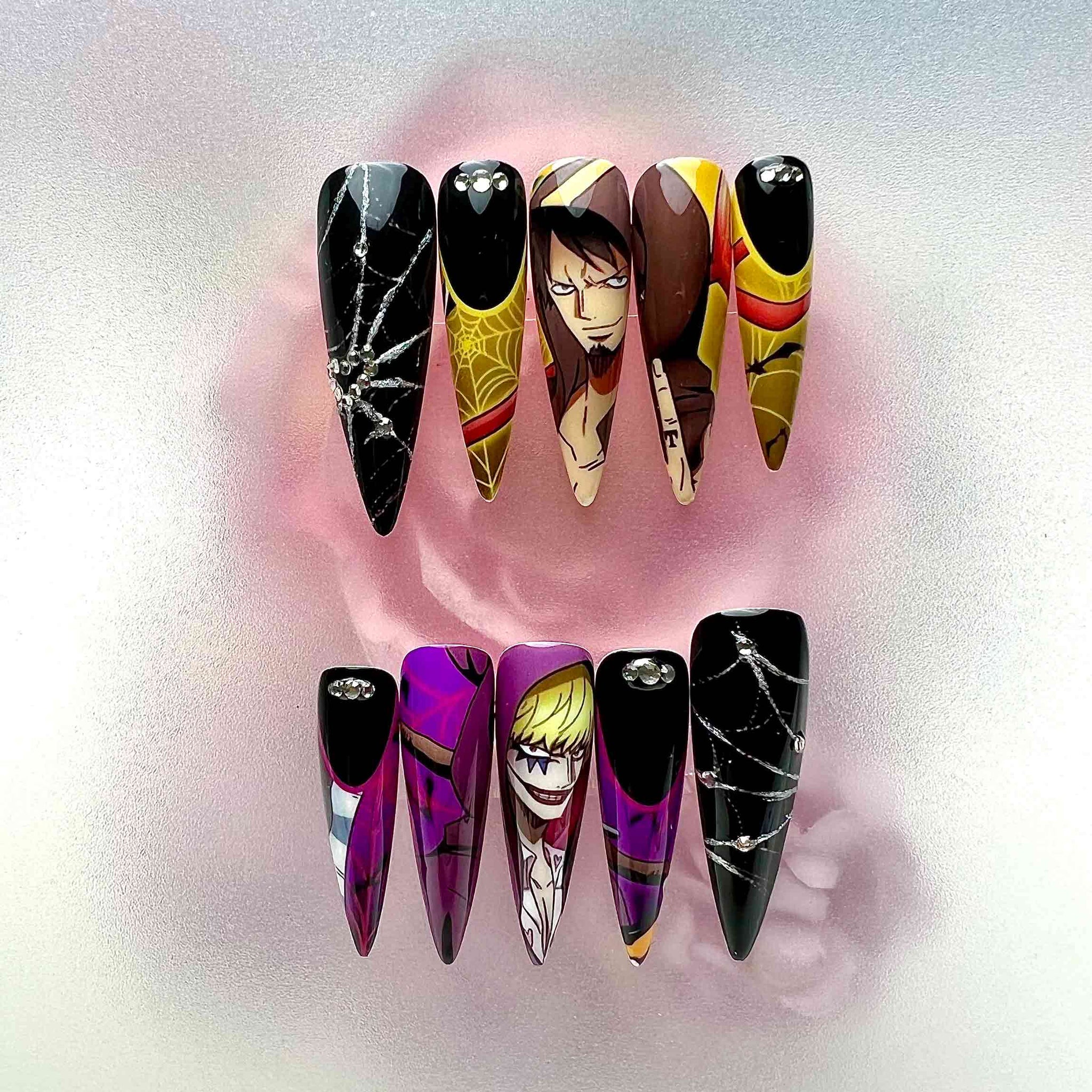 Law &amp; Corazon Nails – One Piece Anime Press-On Set, Purple &amp; Gold Split "Donquixote" Design | Dragonnail