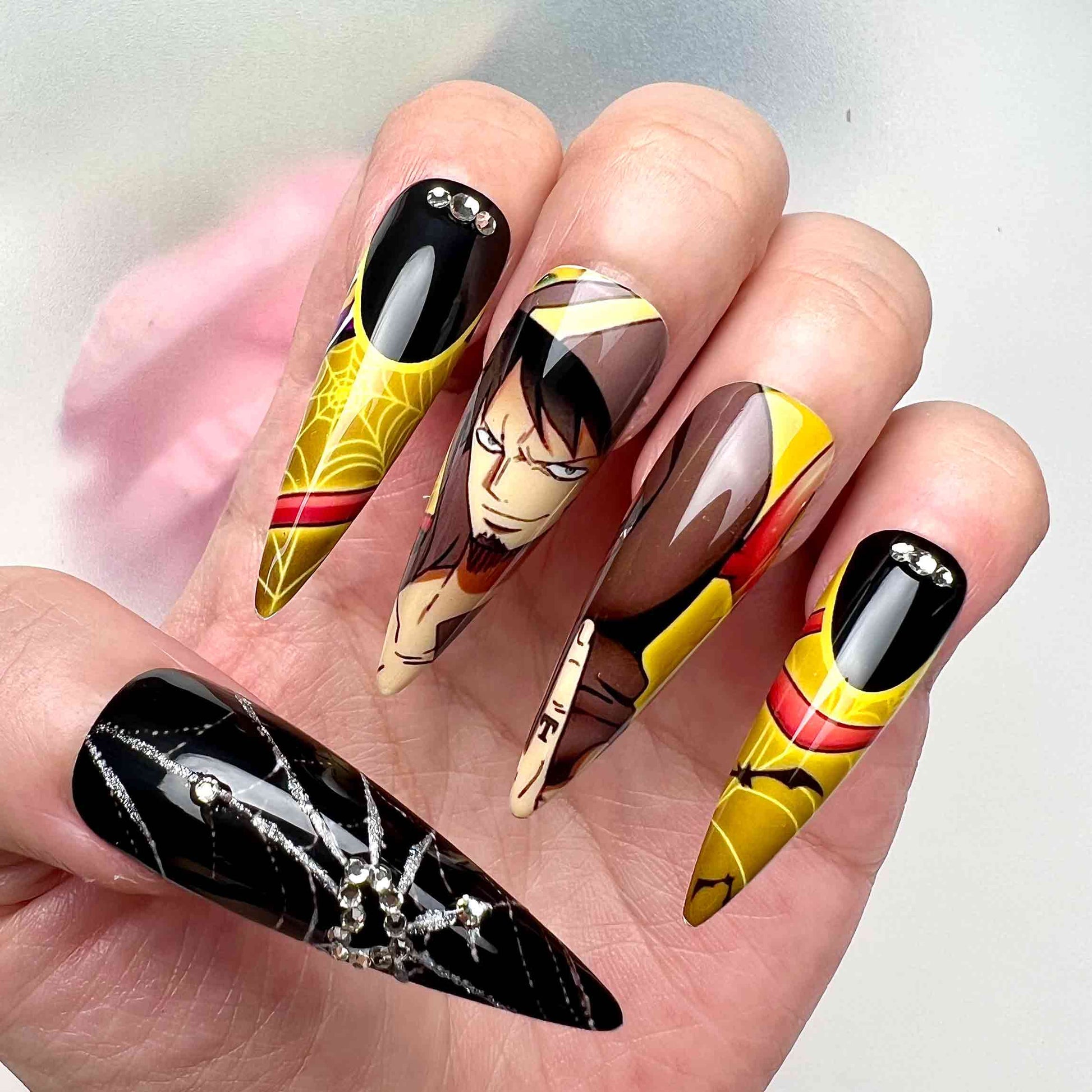 Law &amp; Corazon Nails – One Piece Anime Press-On Set, Purple &amp; Gold Split "Donquixote" Design | Dragonnail