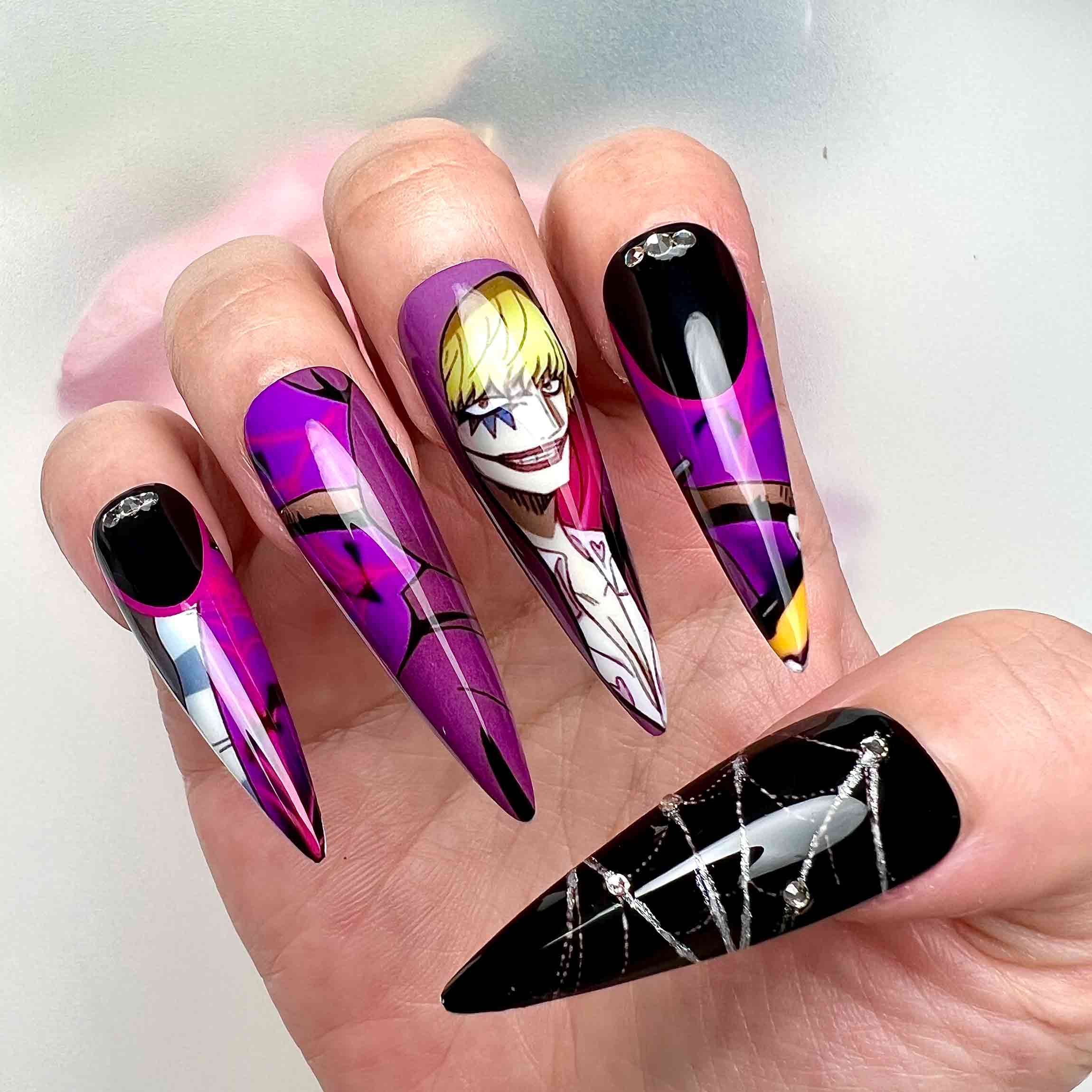 Law &amp; Corazon Nails – One Piece Anime Press-On Set, Purple &amp; Gold Split "Donquixote" Design | Dragonnail