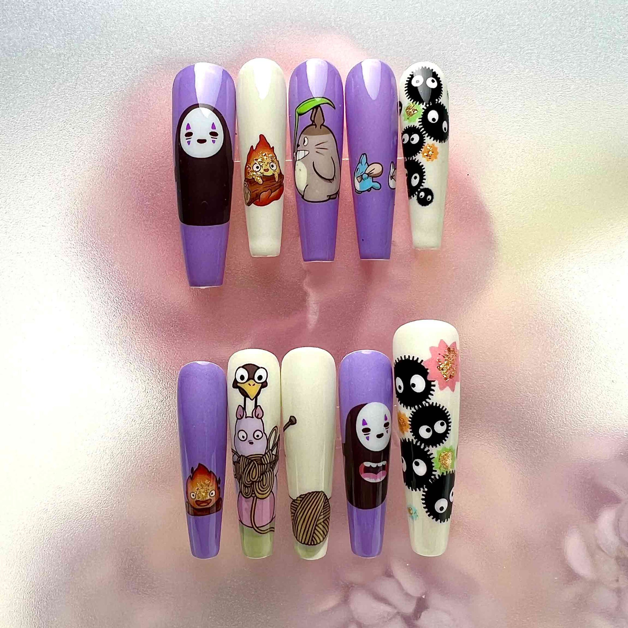 Studio Ghibli Nails – Totoro, No-Face &amp; Calcifer Press-On Set, Cute Pastel Purple Anime Design | Dragonnail