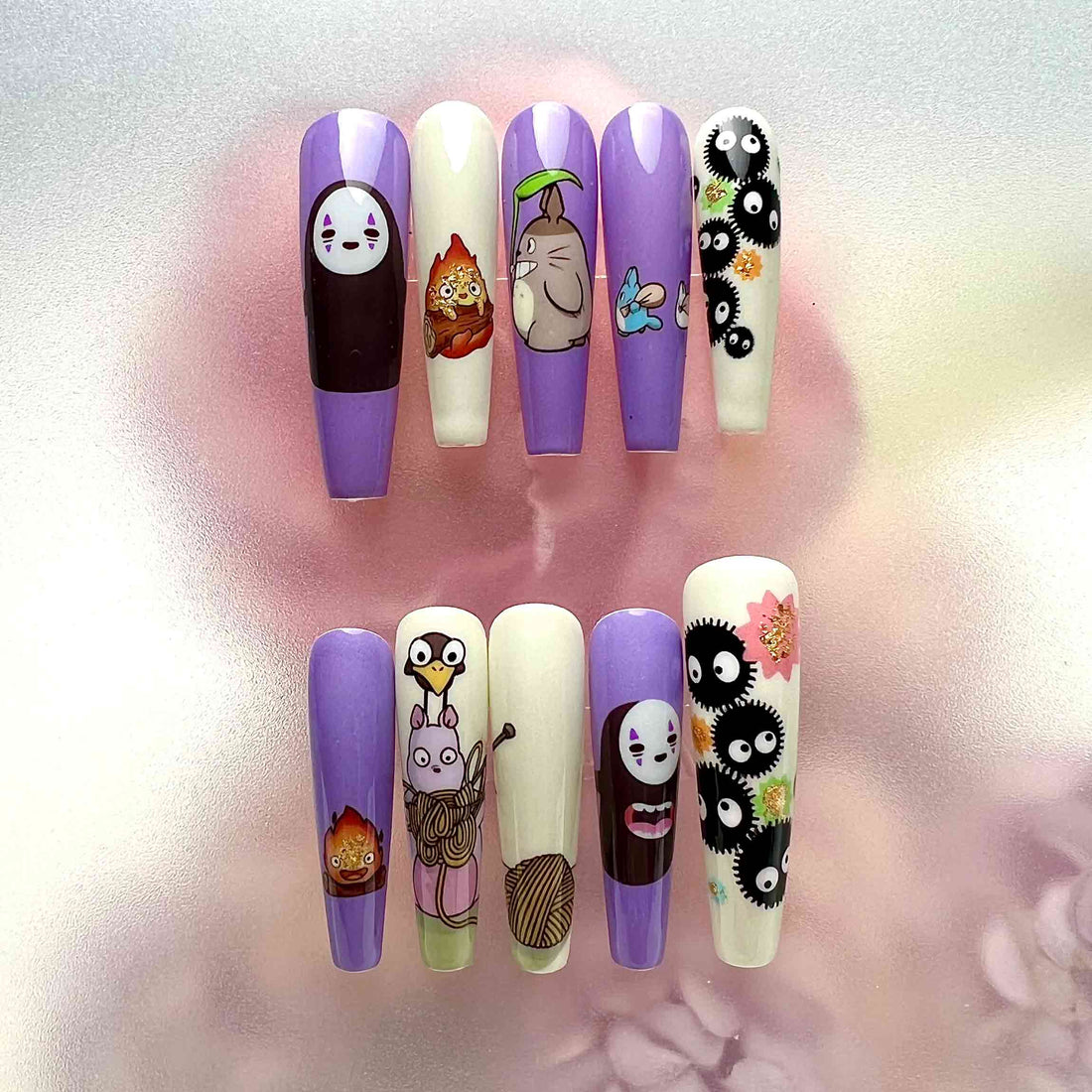 Studio Ghibli Nails – Totoro, No-Face &amp; Calcifer Press-On Set, Cute Pastel Purple Anime Design | Dragonnail