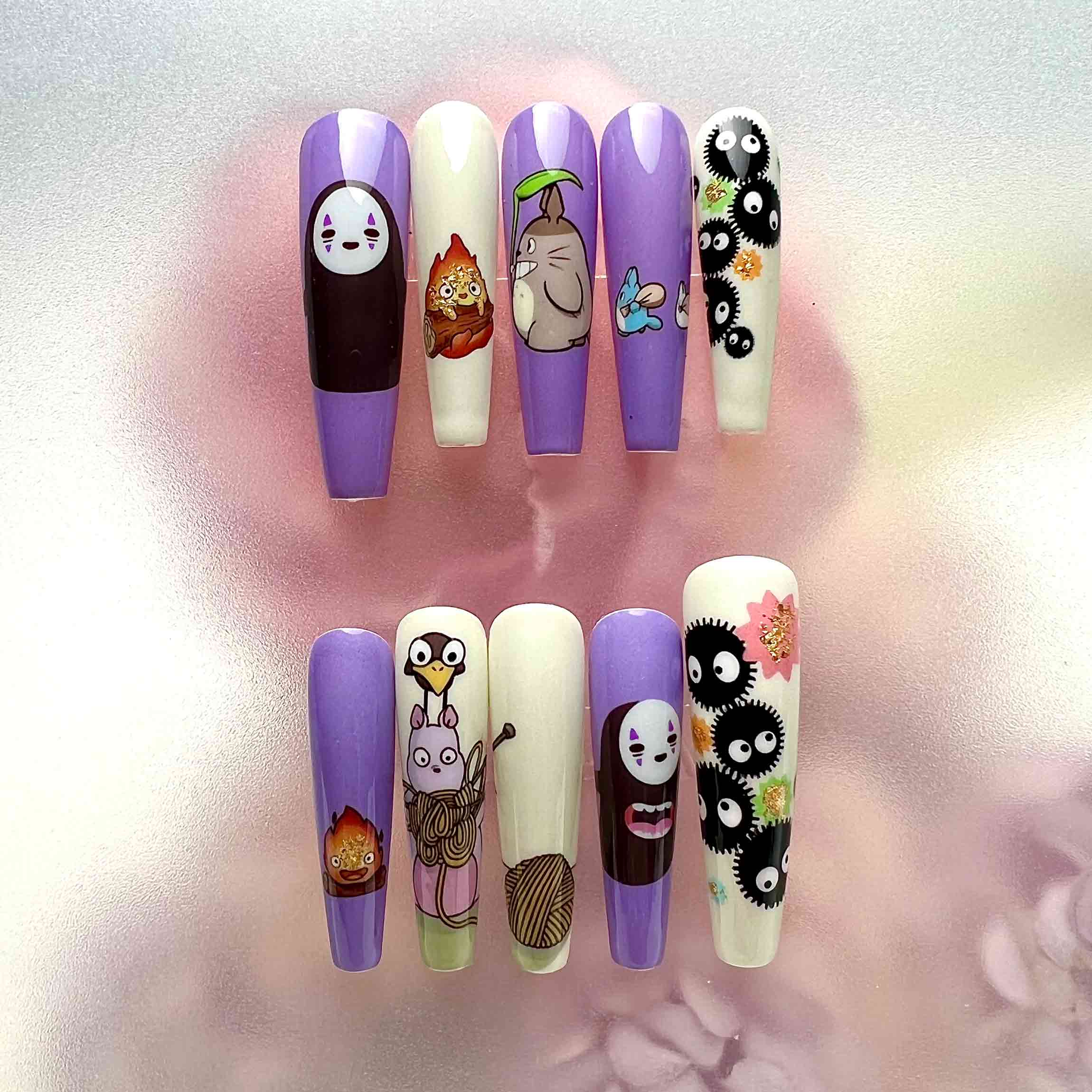 Studio Ghibli Nails – Totoro, No-Face &amp; Calcifer Press-On Set, Cute Pastel Purple Anime Design | Dragonnail
