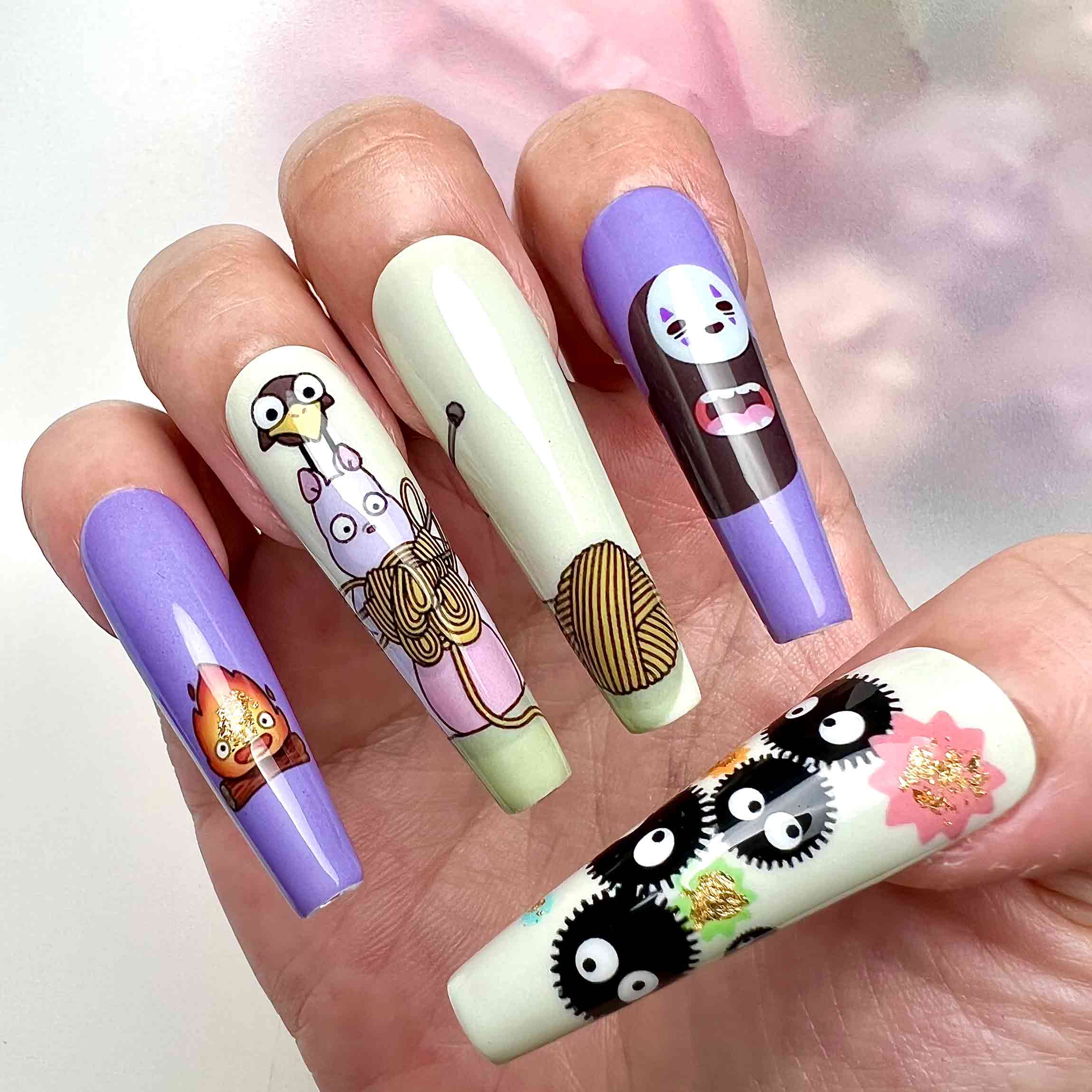 Studio Ghibli Nails – Totoro, No-Face &amp; Calcifer Press-On Set, Cute Pastel Purple Anime Design | Dragonnail