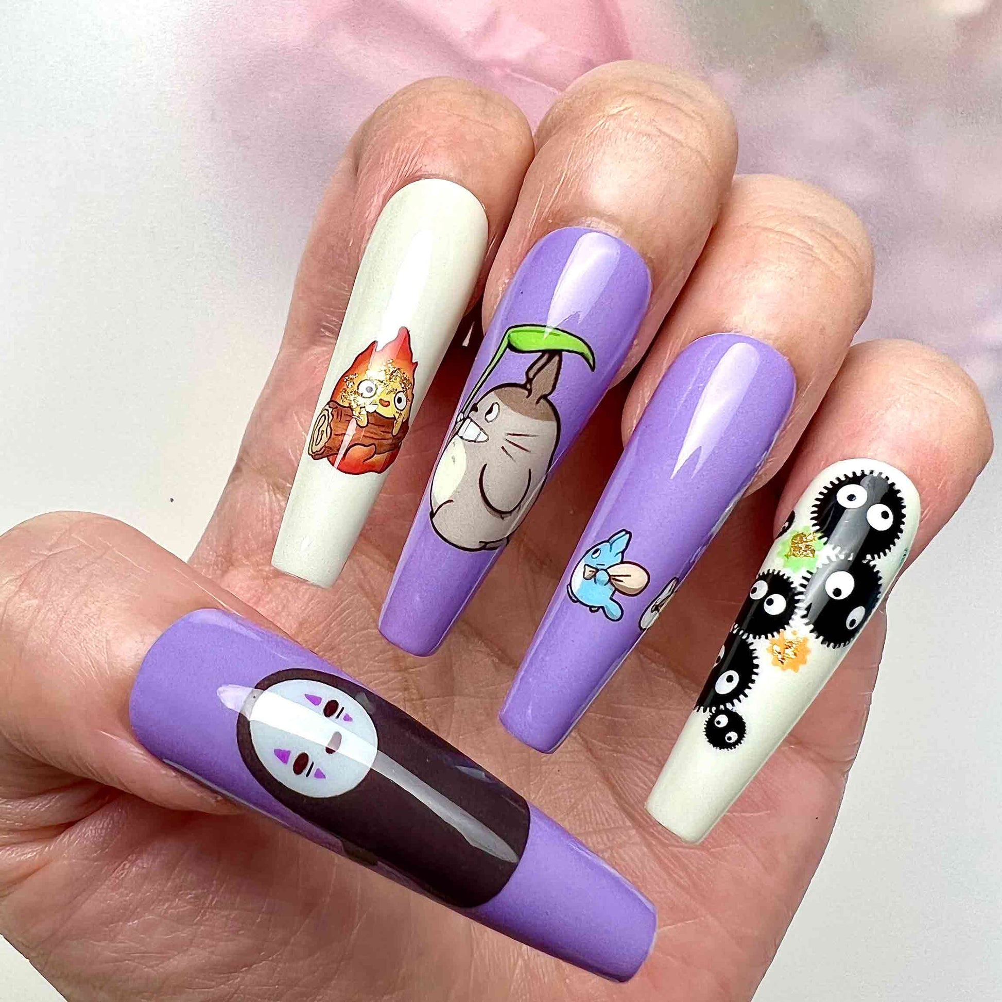 Studio Ghibli Nails – Totoro, No-Face &amp; Calcifer Press-On Set, Cute Pastel Purple Anime Design | Dragonnail