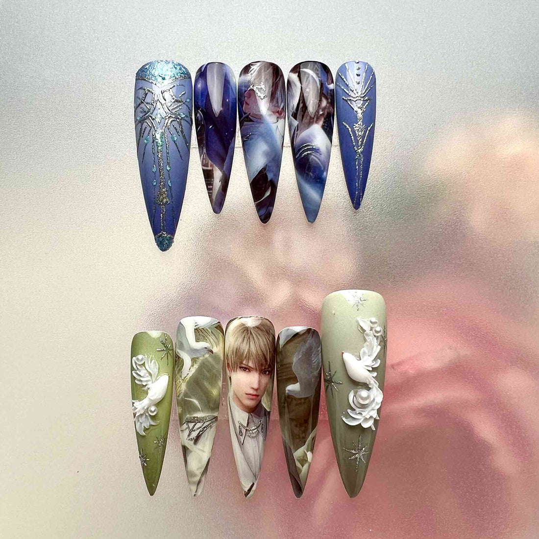 Rafayel Nails – Love and Deepspace L&amp;DS Press-On Set, 3D Dove &amp; Celestial Split Game Design | Dragonnail