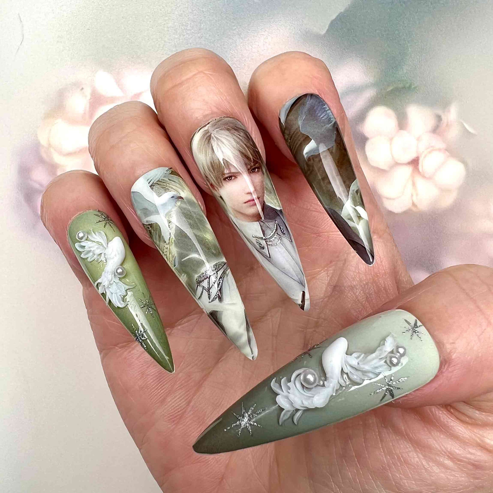 Rafayel Nails – Love and Deepspace L&amp;DS Press-On Set, 3D Dove &amp; Celestial Split Game Design | Dragonnail
