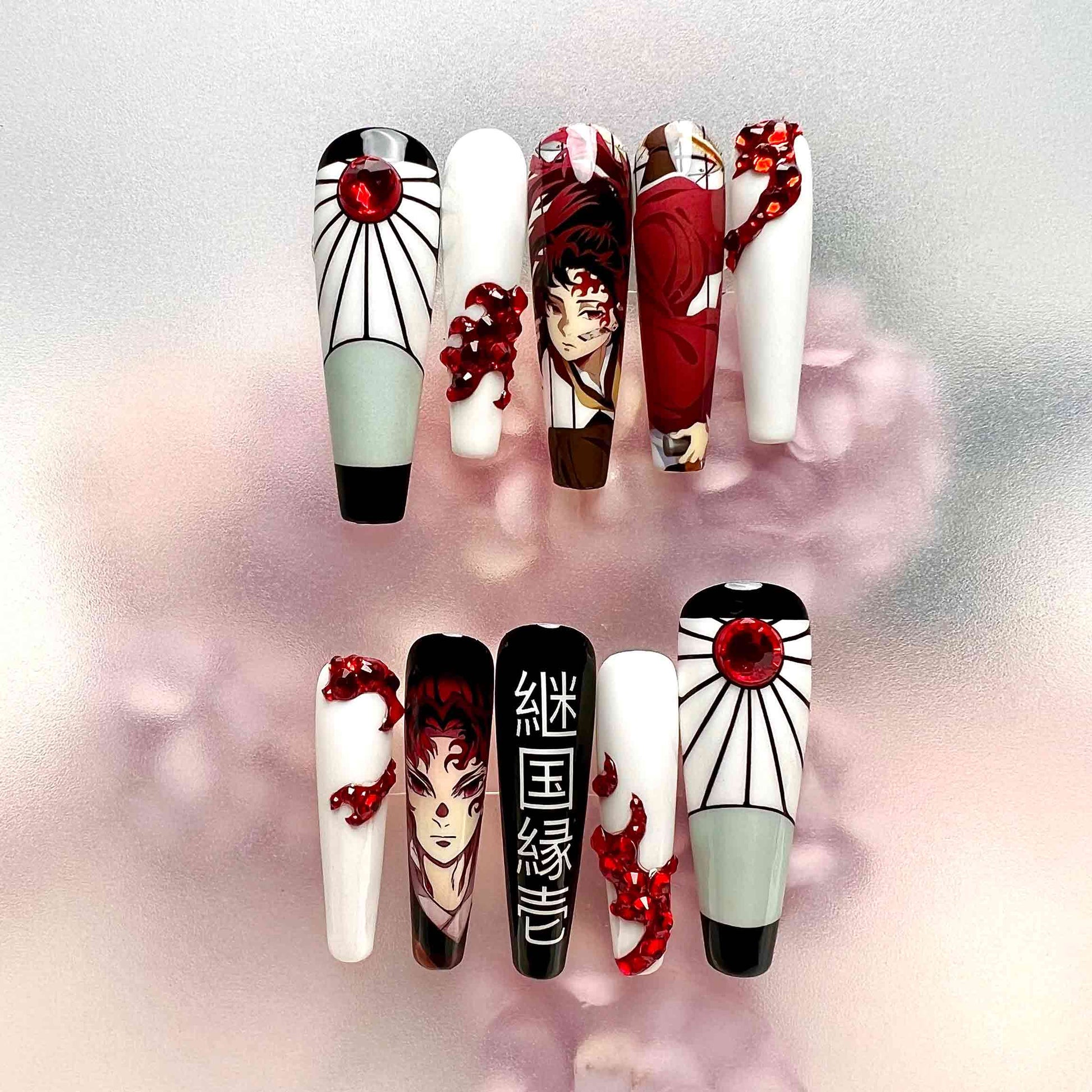 Yoriichi Tsugikuni Nails – Demon Slayer KNY Press-On Set, 3D Red Gem &amp; Sun Breathing Design | Dragonnail