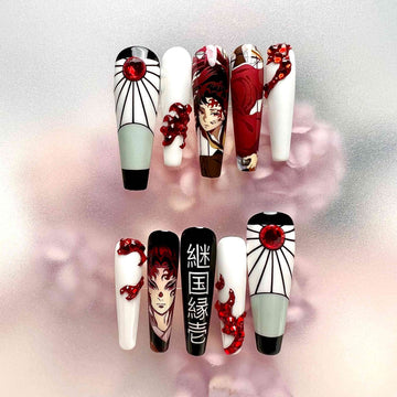Yoriichi Tsugikuni Nails – Demon Slayer KNY Press-On Set, 3D Red Gem &amp; Sun Breathing Design | Dragonnail