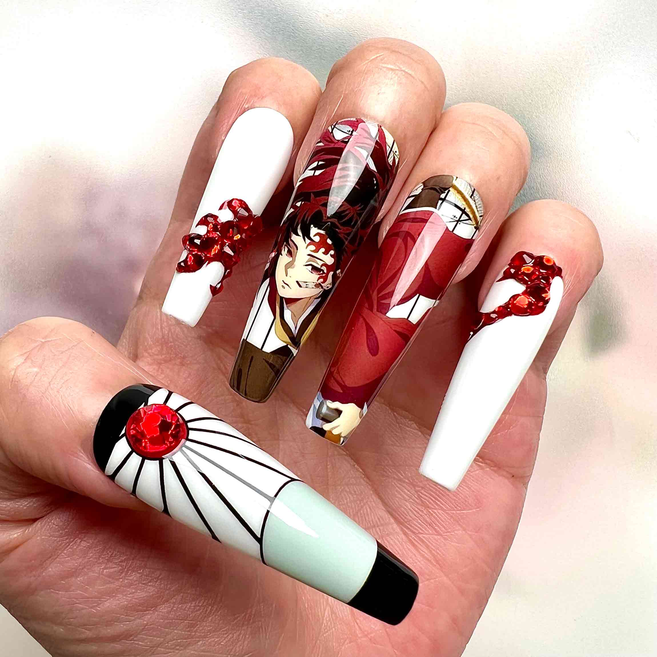 Yoriichi Tsugikuni Nails – Demon Slayer KNY Press-On Set, 3D Red Gem &amp; Sun Breathing Design | Dragonnail
