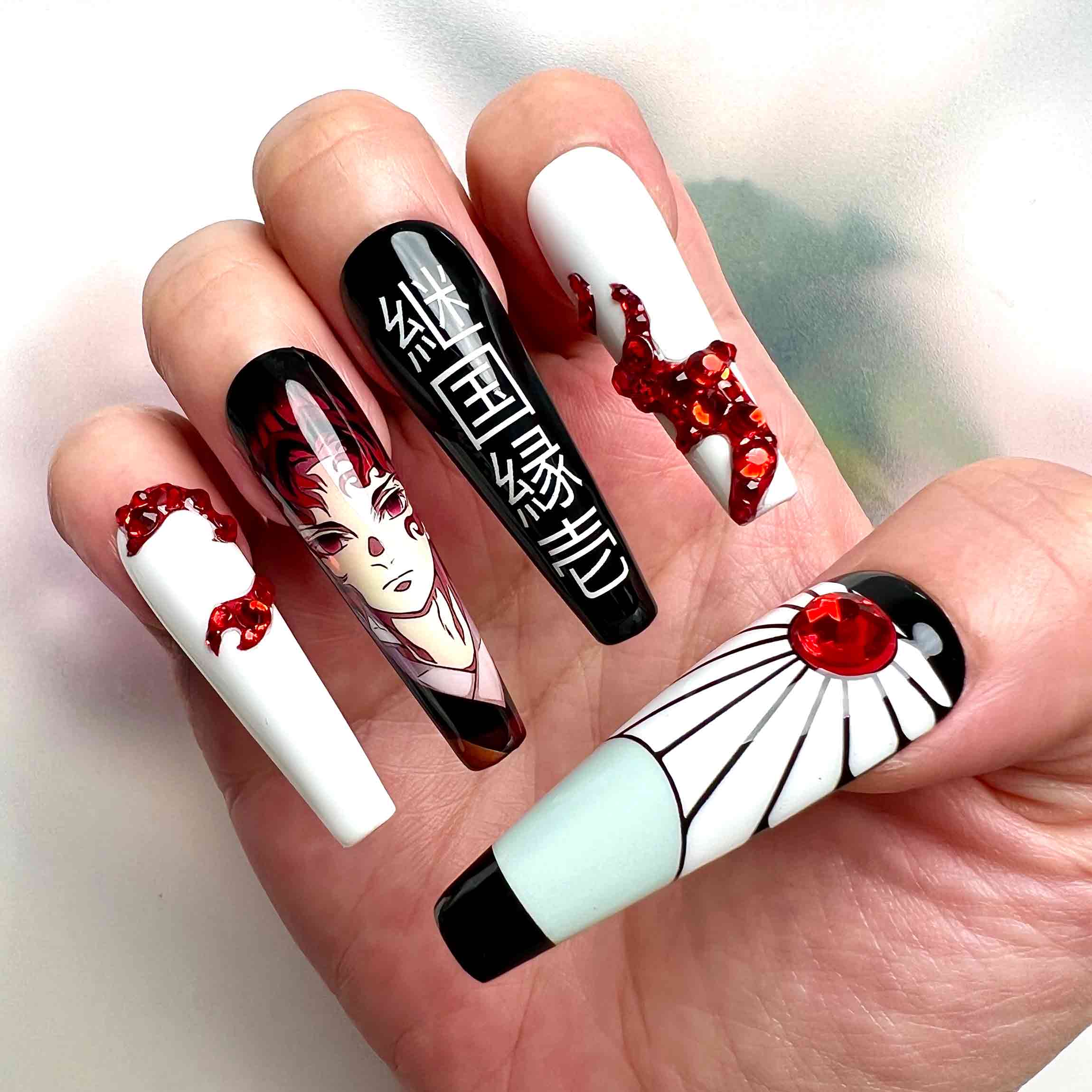 Yoriichi Tsugikuni Nails – Demon Slayer KNY Press-On Set, 3D Red Gem &amp; Sun Breathing Design | Dragonnail