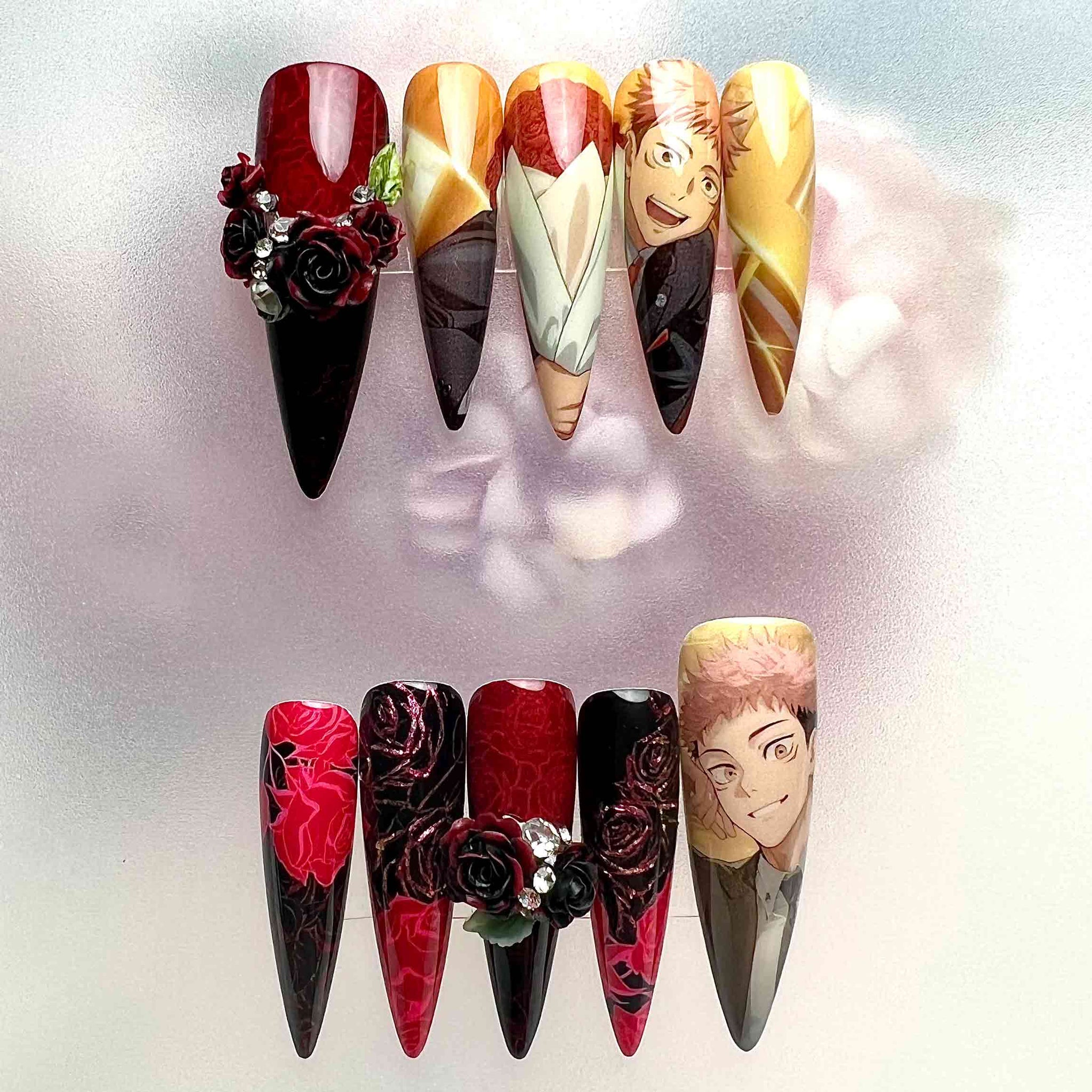 Yuji Itadori Nails – Jujutsu Kaisen JJK Press-On Set, 3D Black Rose &amp; Red Gothic Anime Design | Dragonnail
