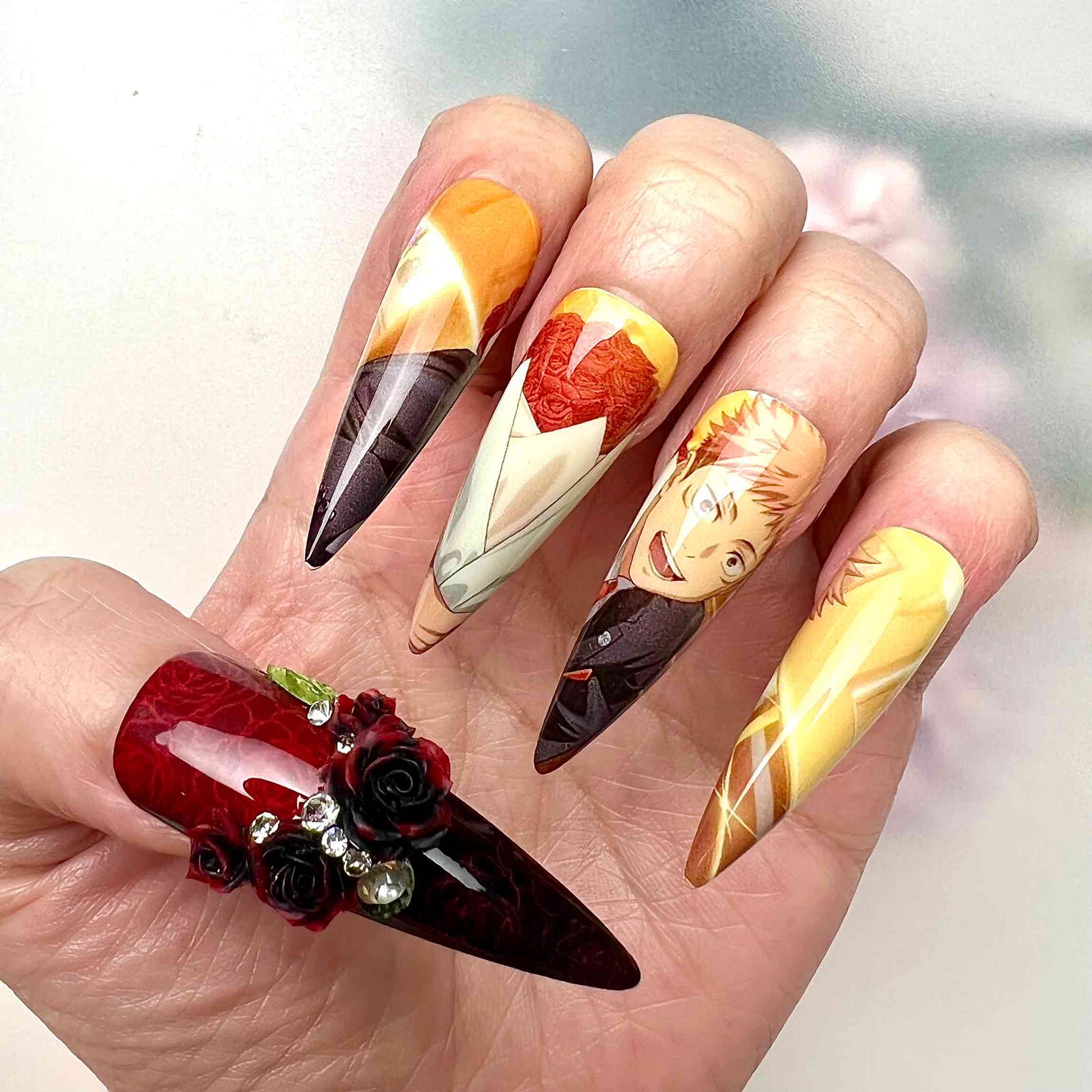 Yuji Itadori Nails – Jujutsu Kaisen JJK Press-On Set, 3D Black Rose &amp; Red Gothic Anime Design | Dragonnail