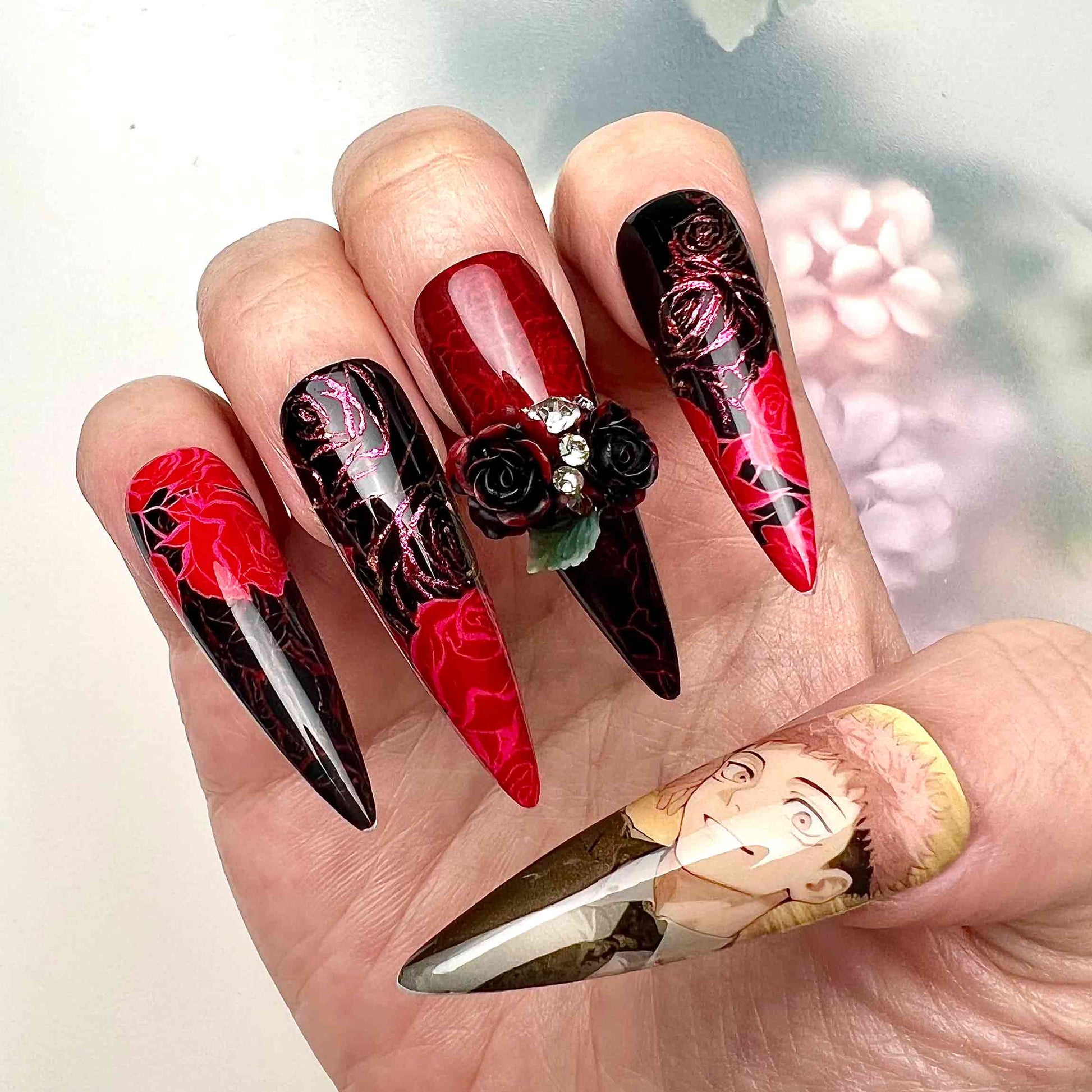 Yuji Itadori Nails – Jujutsu Kaisen JJK Press-On Set, 3D Black Rose &amp; Red Gothic Anime Design | Dragonnail