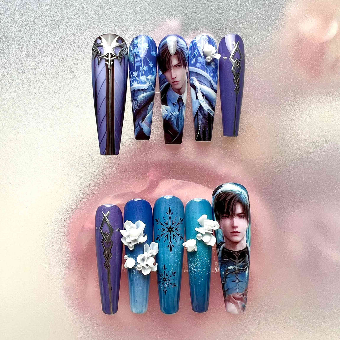 Zayne Nails – Love and Deepspace L&amp;DS Press-On Set, 3D Flower &amp; Purple Snowflake Game Design | Dragonnail