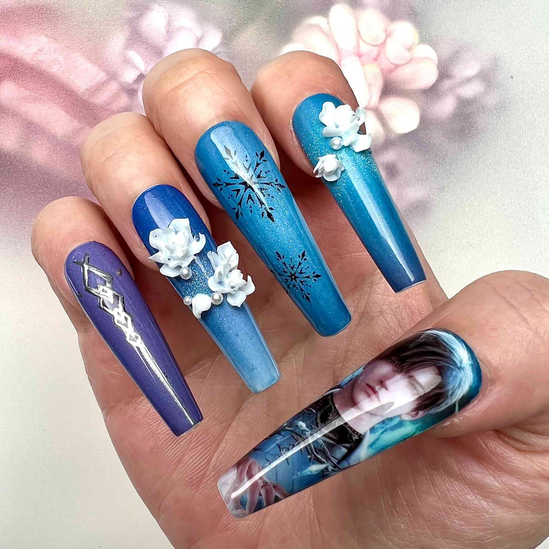 Zayne Nails – Love and Deepspace L&amp;DS Press-On Set, 3D Flower &amp; Purple Snowflake Game Design | Dragonnail
