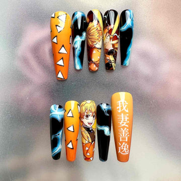 Demon Slayer KNY Zenitsu Agatsuma Press-On Nails | Thunder Breathing First Form Anime Set | Lightning Bolt &amp; Haori Pattern Art | Dragonnail