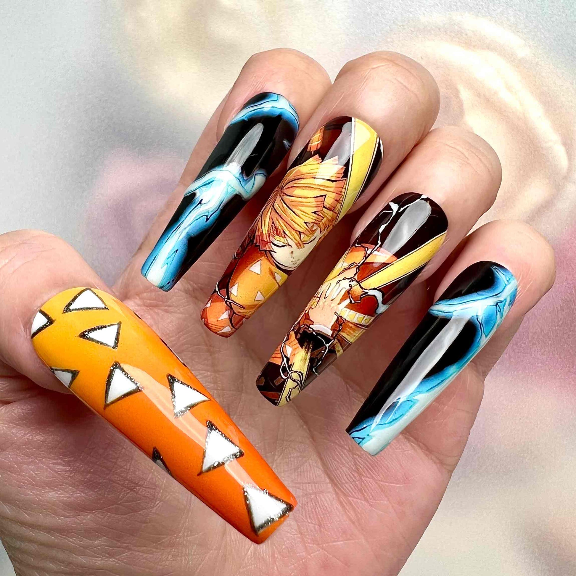 Demon Slayer KNY Zenitsu Agatsuma Press-On Nails | Thunder Breathing First Form Anime Set | Lightning Bolt &amp; Haori Pattern Art | Dragonnail