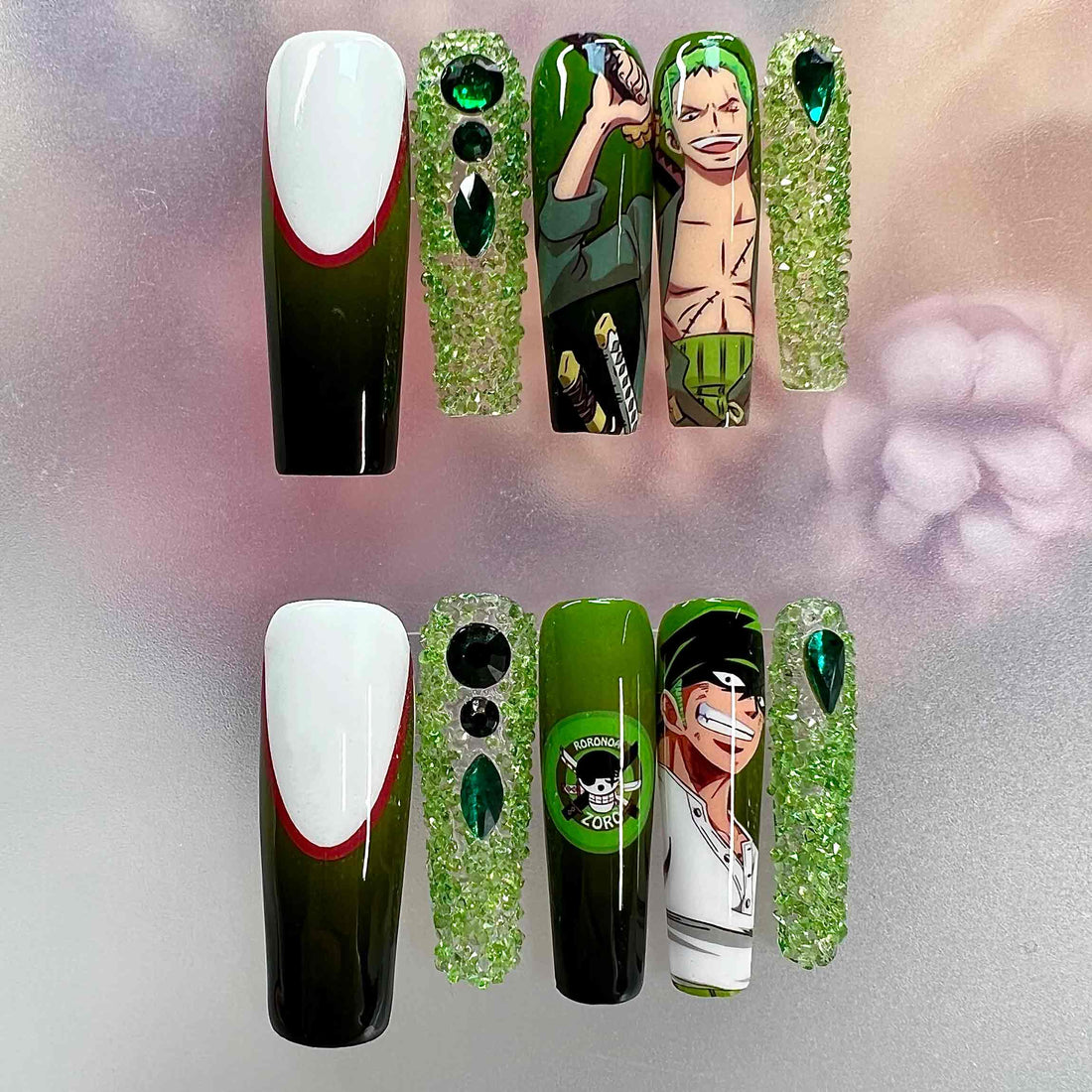 Roronoa Zoro Nails – One Piece Anime Press-On Set, 3D Green Crystal &amp; Ombré Swordsman Design | Dragonnail