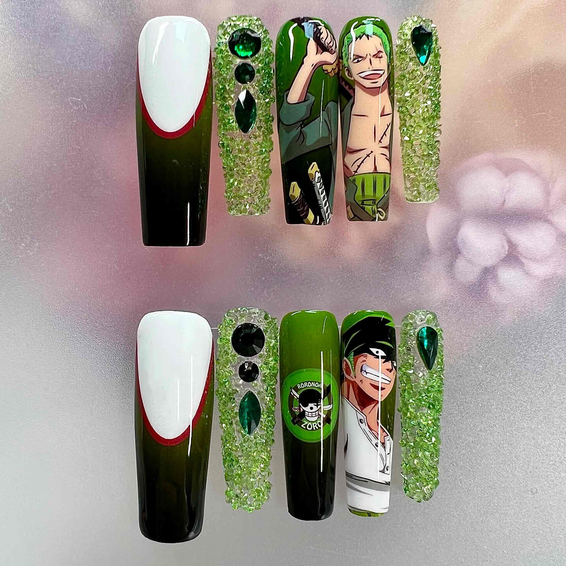 Roronoa Zoro Nails – One Piece Anime Press-On Set, 3D Green Crystal &amp; Ombré Swordsman Design | Dragonnail