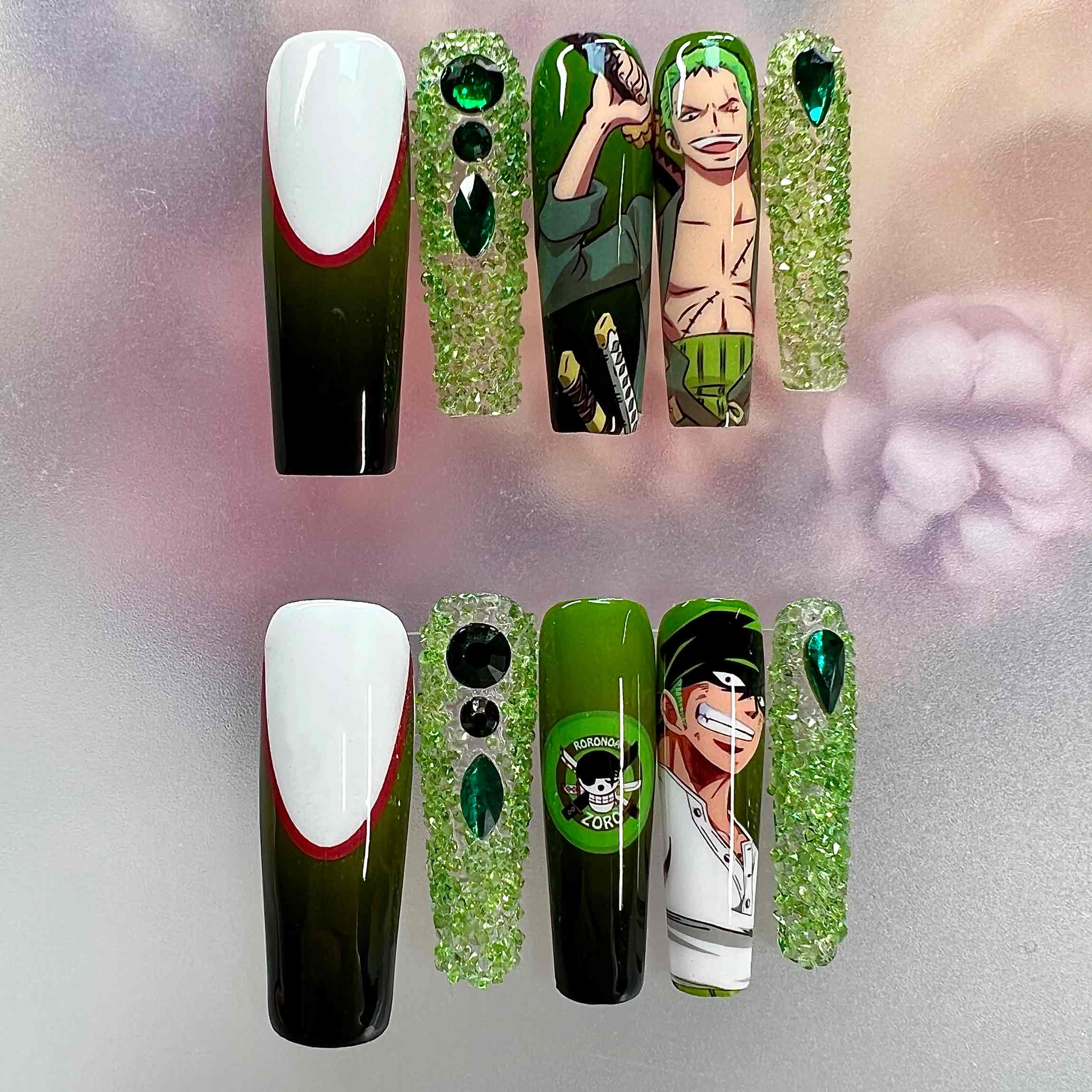 Roronoa Zoro Nails – One Piece Anime Press-On Set, 3D Green Crystal &amp; Ombré Swordsman Design | Dragonnail