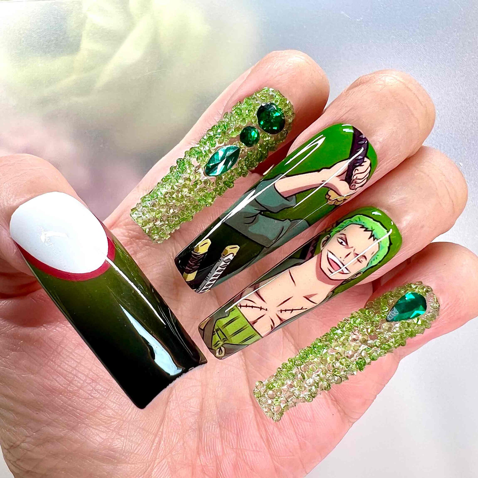 Roronoa Zoro Nails – One Piece Anime Press-On Set, 3D Green Crystal &amp; Ombré Swordsman Design | Dragonnail
