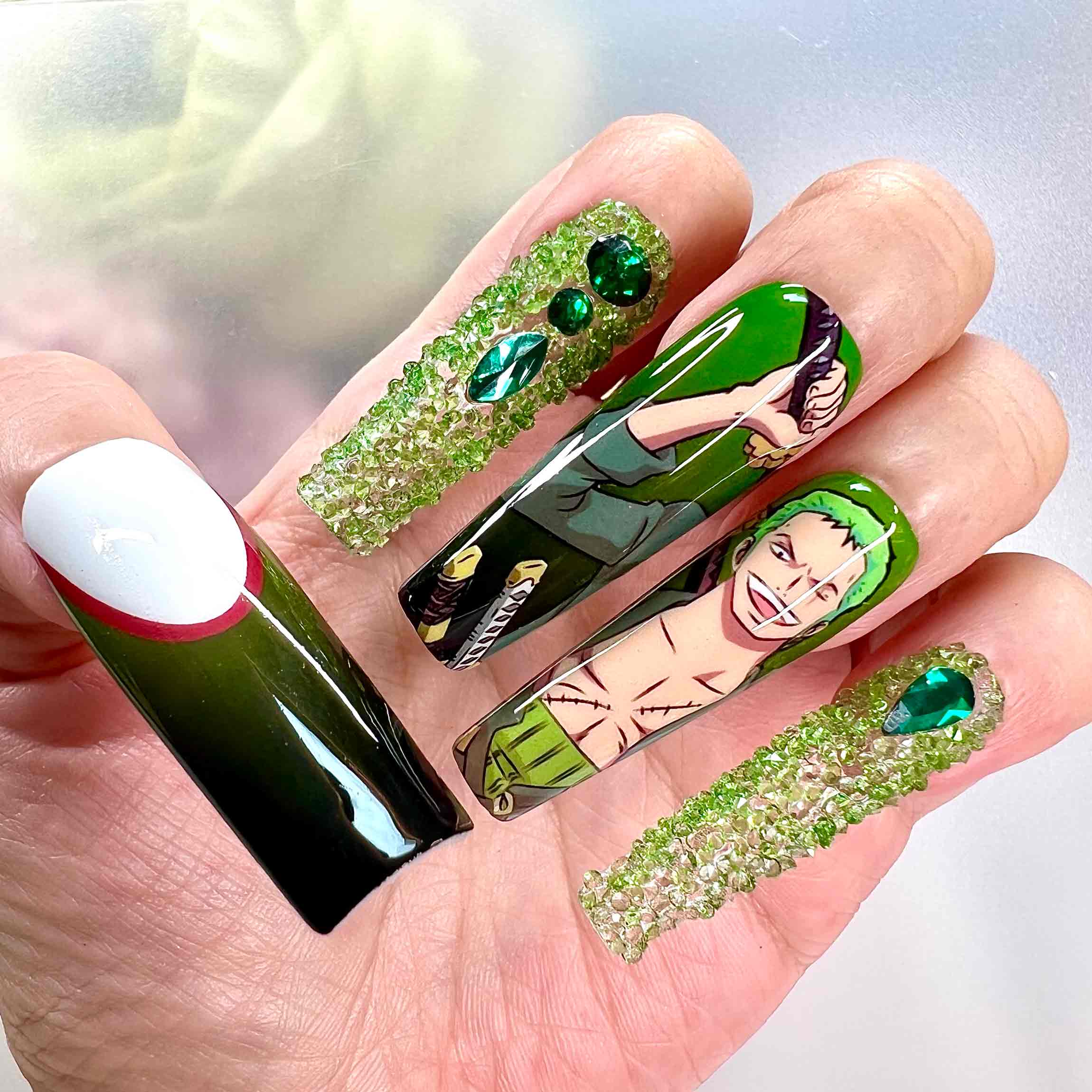 Roronoa Zoro Nails – One Piece Anime Press-On Set, 3D Green Crystal &amp; Ombré Swordsman Design | Dragonnail