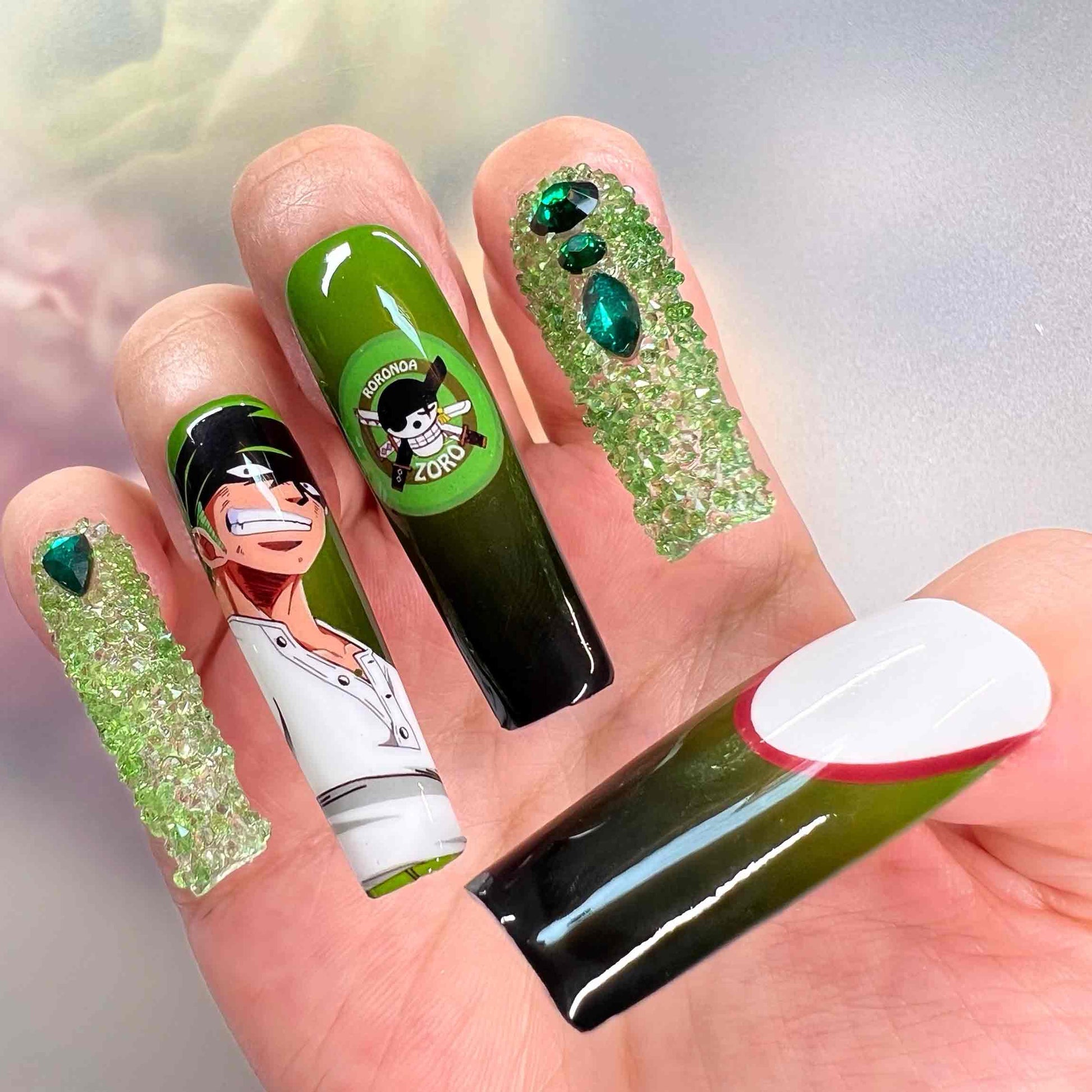 Roronoa Zoro Nails – One Piece Anime Press-On Set, 3D Green Crystal &amp; Ombré Swordsman Design | Dragonnail