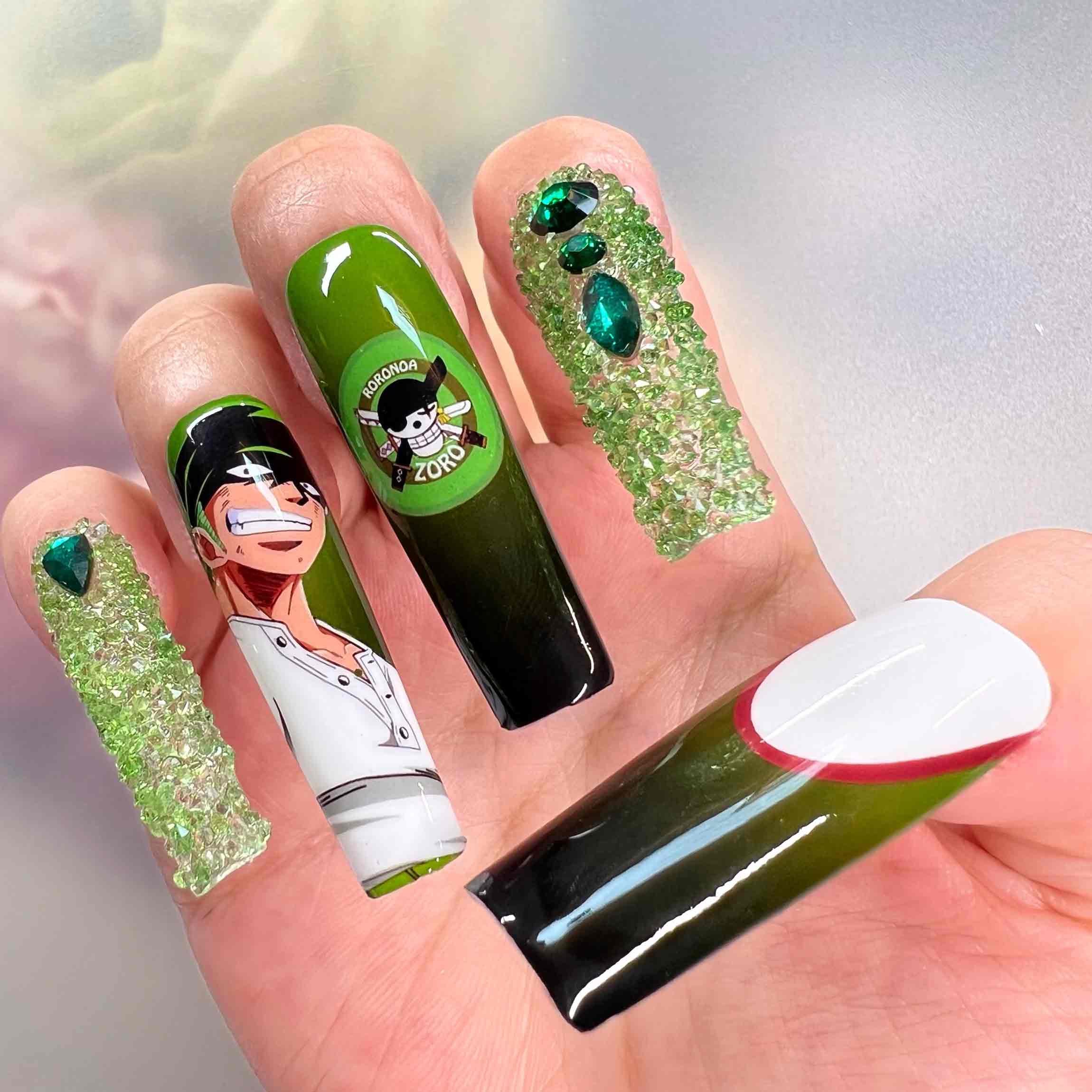 Roronoa Zoro Nails – One Piece Anime Press-On Set, 3D Green Crystal &amp; Ombré Swordsman Design | Dragonnail