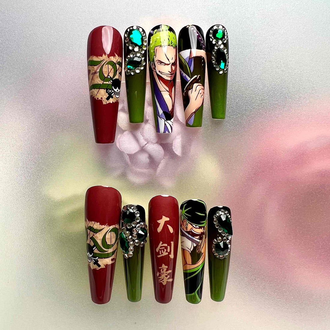 Roronoa Zoro Nails – One Piece Anime Press-On Set, 3D Emerald Gem &amp; Matte Red/Green Design | Dragonnail