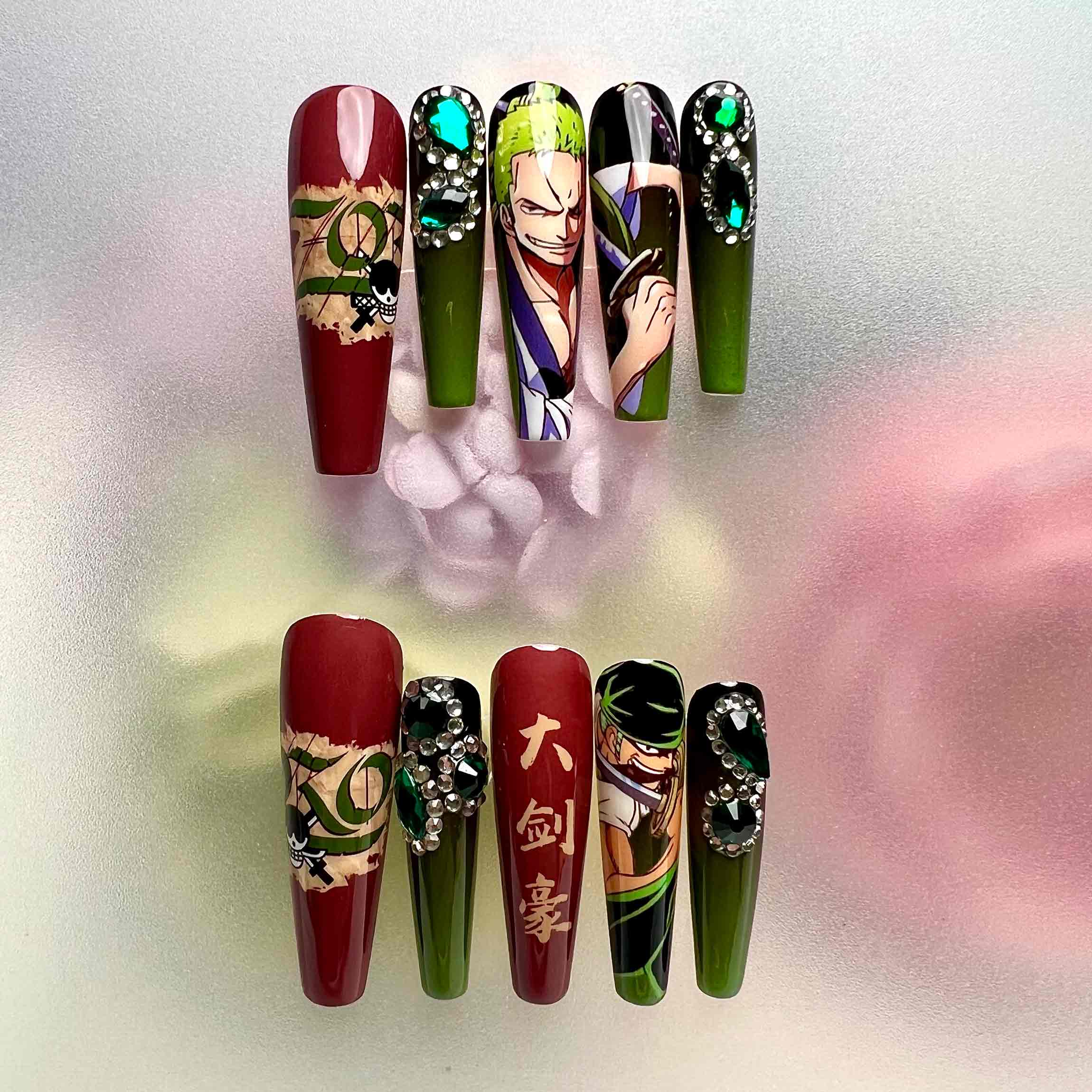 Roronoa Zoro Nails – One Piece Anime Press-On Set, 3D Emerald Gem &amp; Matte Red/Green Design | Dragonnail