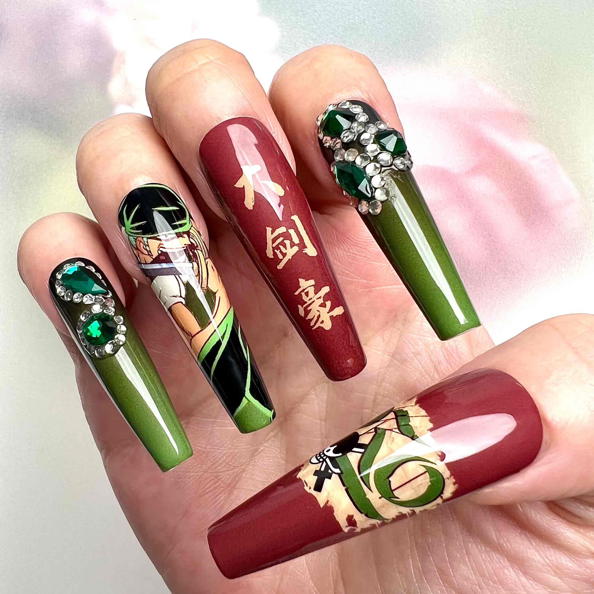 Roronoa Zoro Nails – One Piece Anime Press-On Set, 3D Emerald Gem &amp; Matte Red/Green Design | Dragonnail