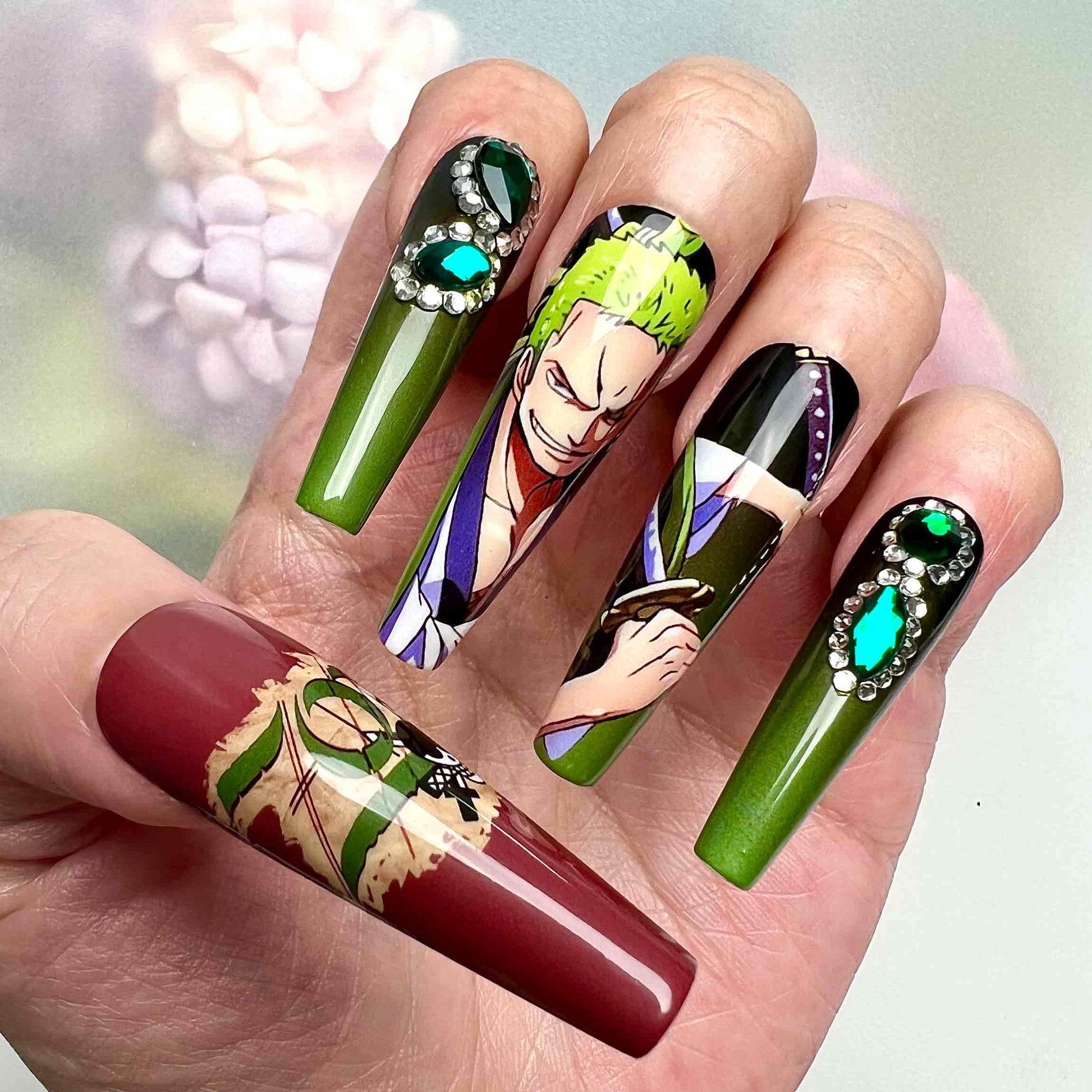 Roronoa Zoro Nails – One Piece Anime Press-On Set, 3D Emerald Gem &amp; Matte Red/Green Design | Dragonnail