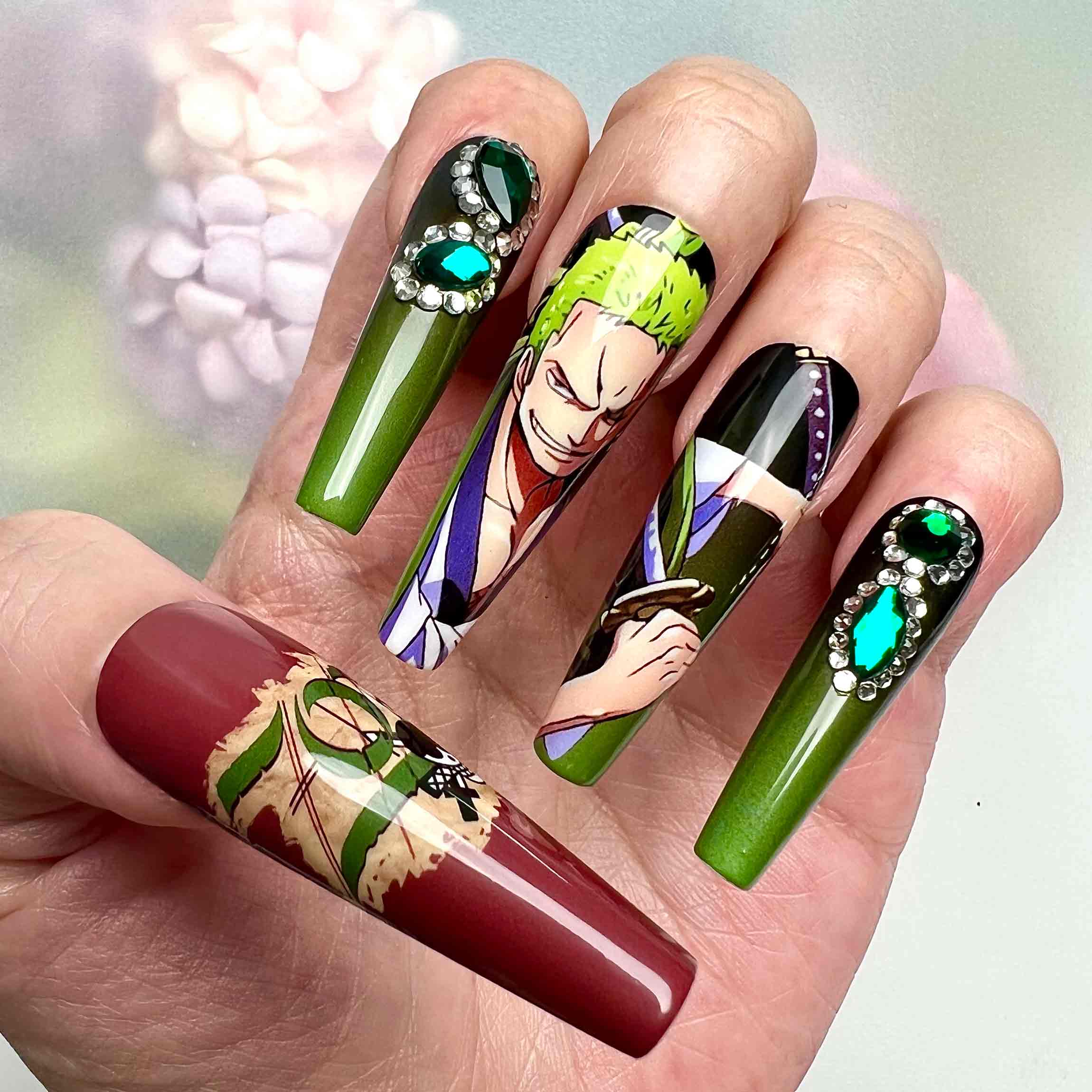 Roronoa Zoro Nails – One Piece Anime Press-On Set, 3D Emerald Gem &amp; Matte Red/Green Design | Dragonnail