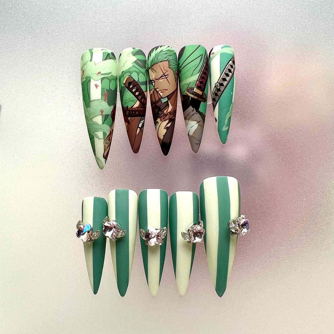 Roronoa Zoro Nails – One Piece Anime Press-On Set, 3D Gem &amp; Matte Green Stripe Design | Dragonnail