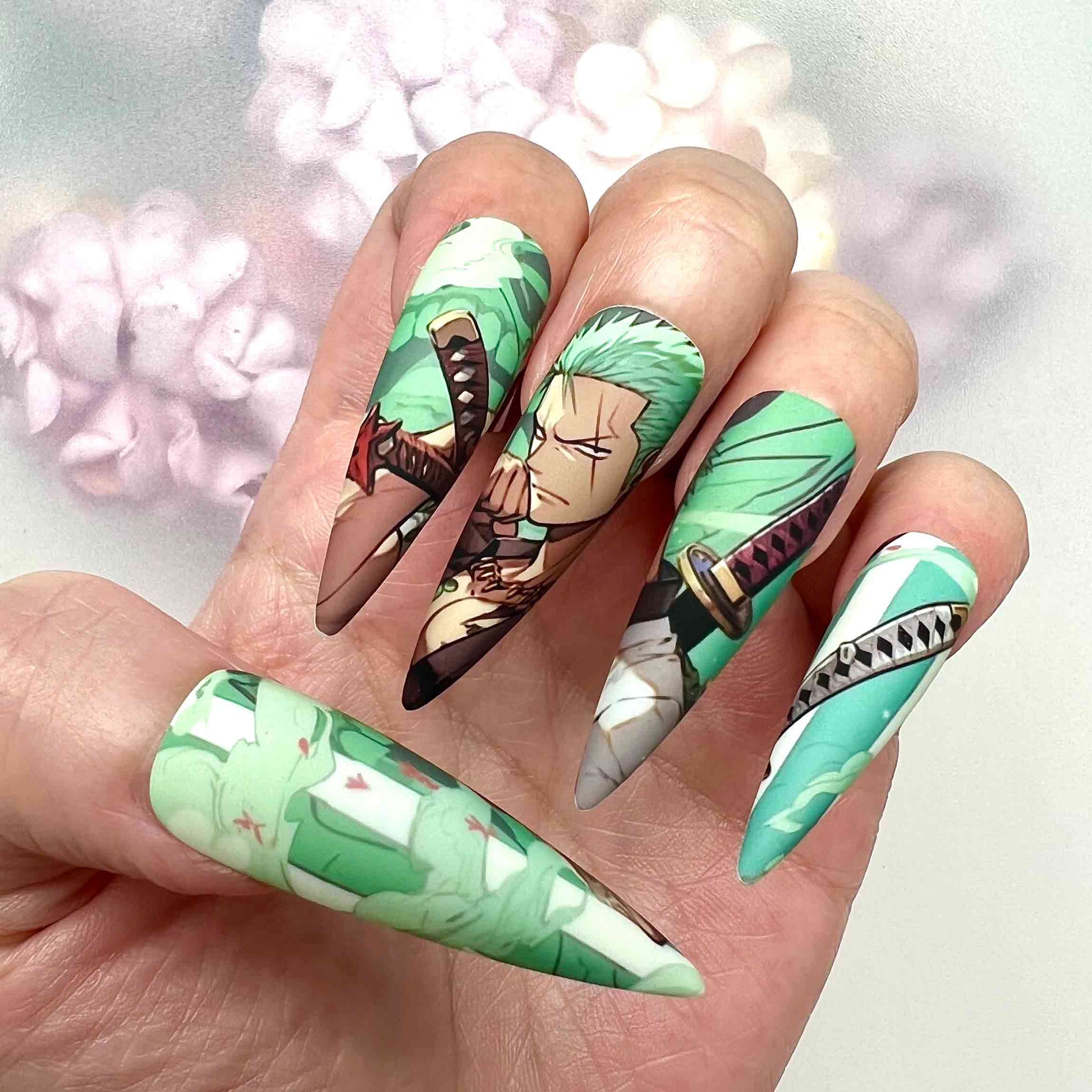 Roronoa Zoro Nails – One Piece Anime Press-On Set, 3D Gem &amp; Matte Green Stripe Design | Dragonnail