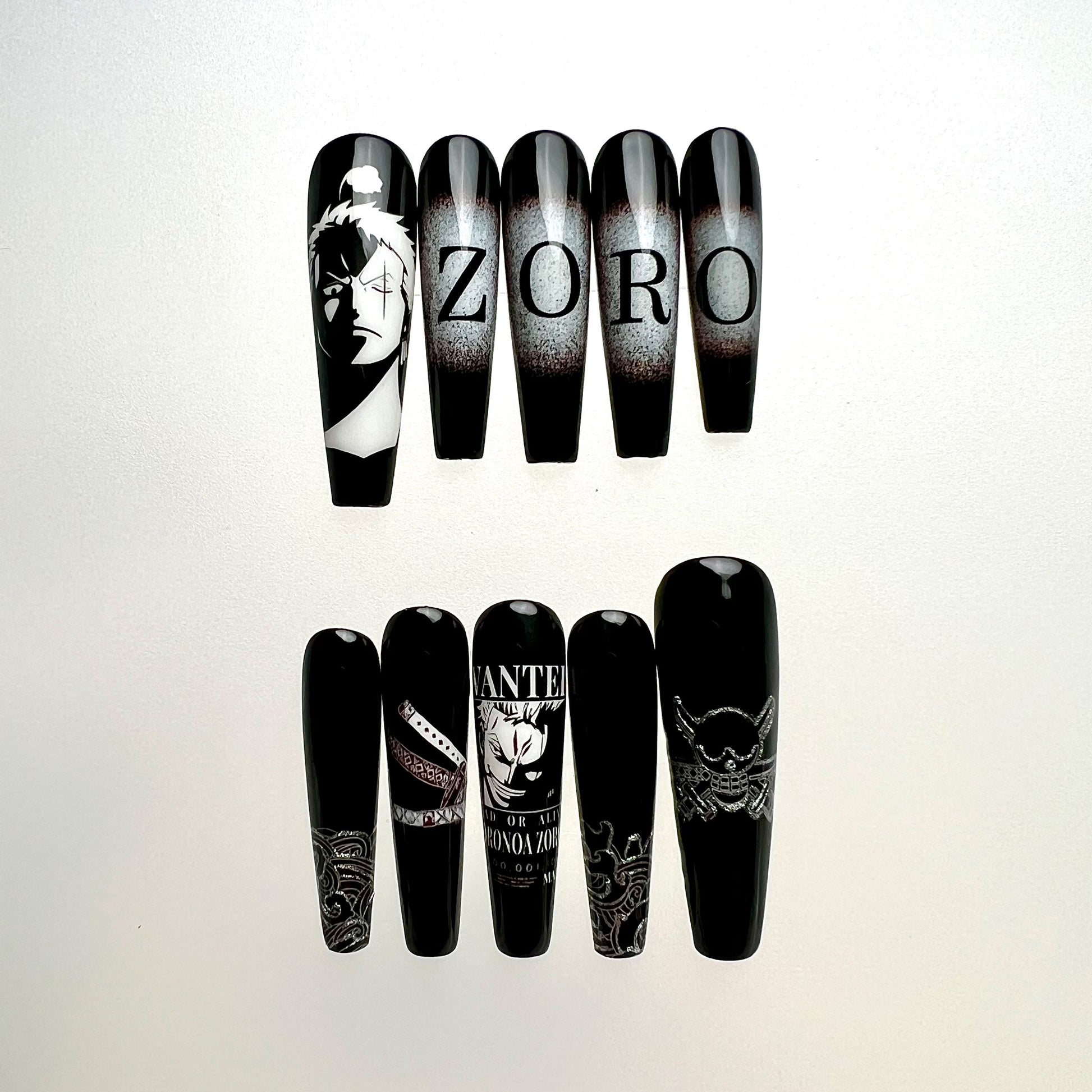 Roronoa Zoro Nails – One Piece Press-On Nail Set, Wano Samurai Black Edition | Dragonnail