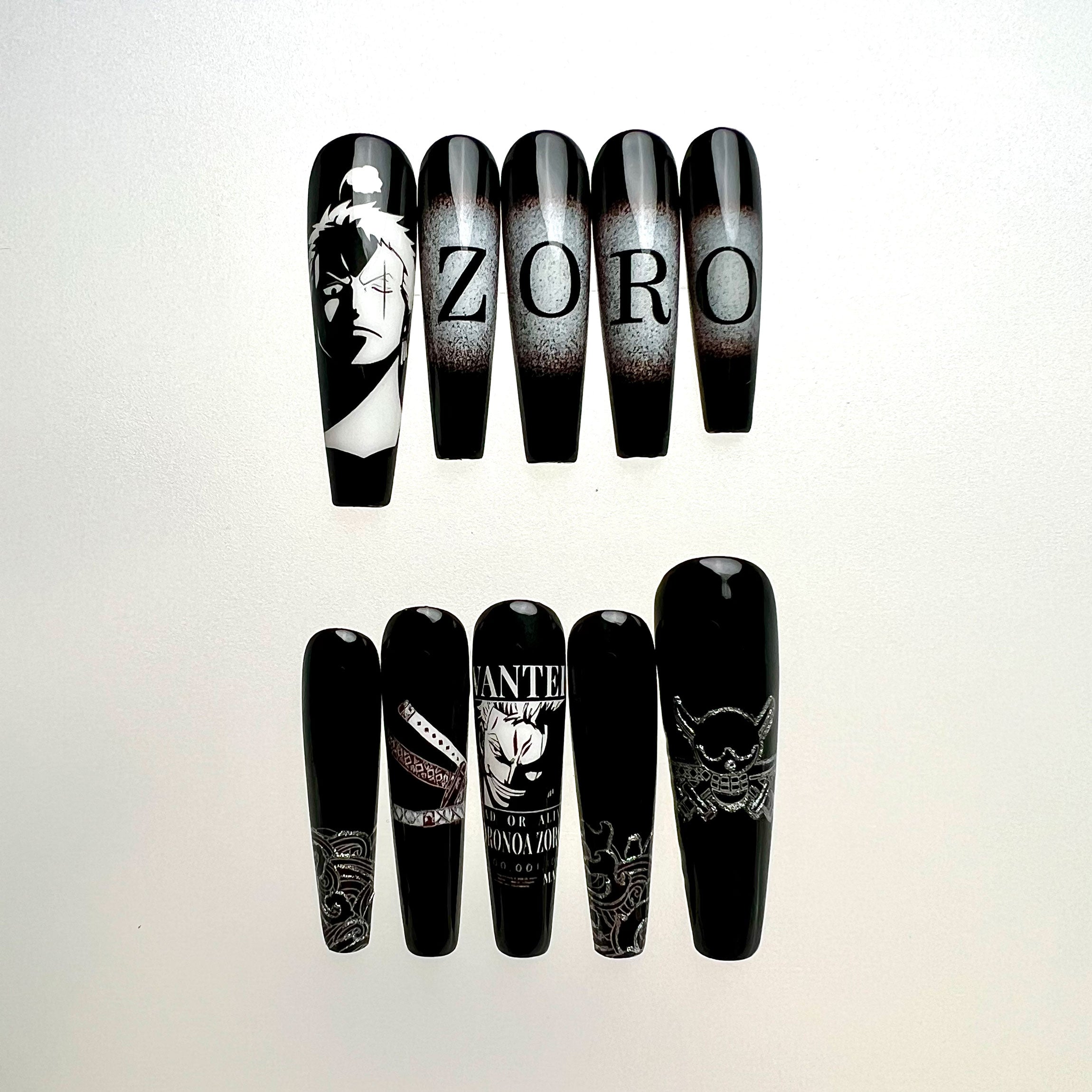 Roronoa Zoro Nails – One Piece Press-On Nail Set, Wano Samurai Black Edition | Dragonnail